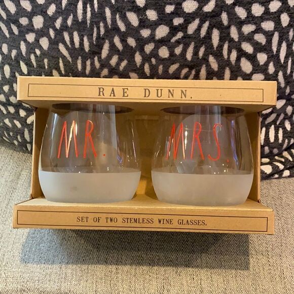 Rae Dunn "MR. & MRS." Stemless Wine Glasses set of - Picture 1 of 6